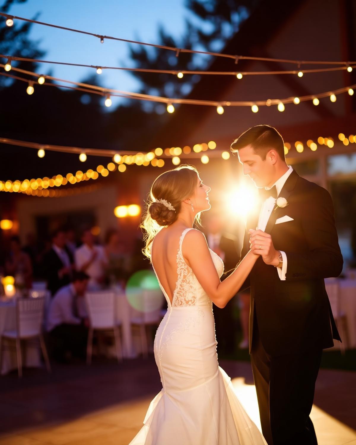Bride and groom first dance under string lights