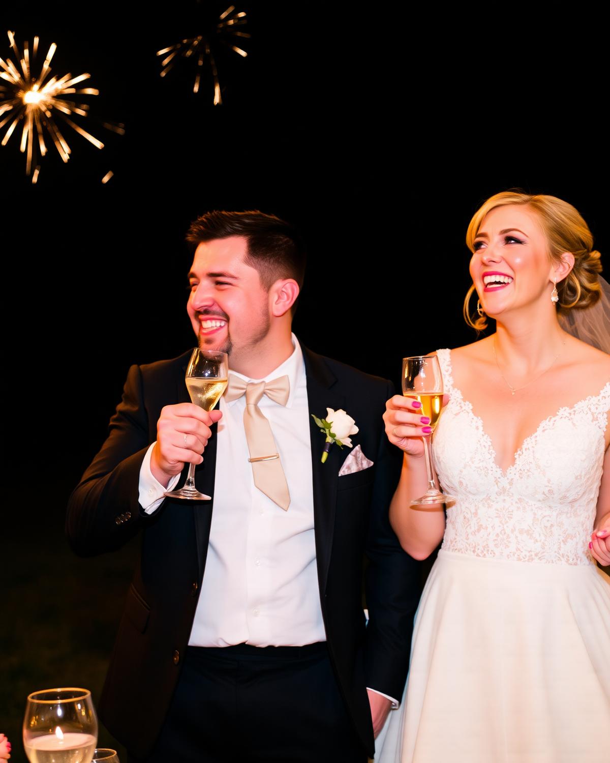 Newlyweds toasting with fireworks
