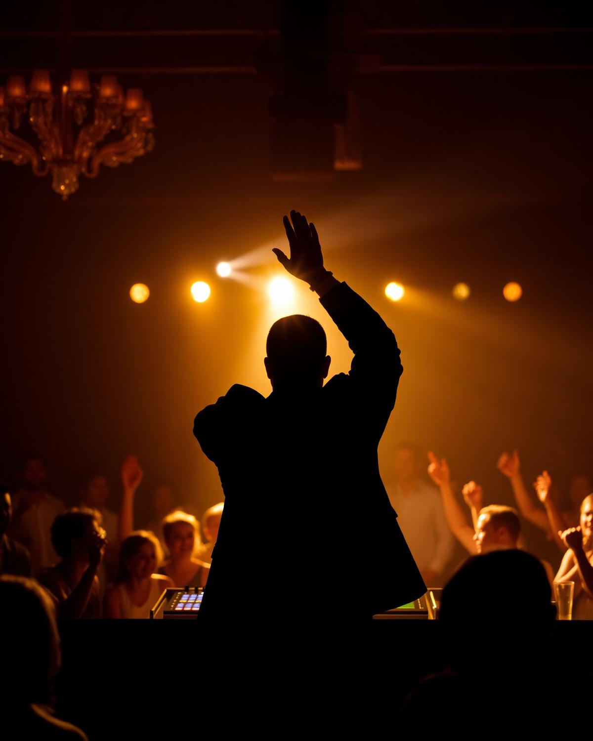 DJ silhouette with hand raised