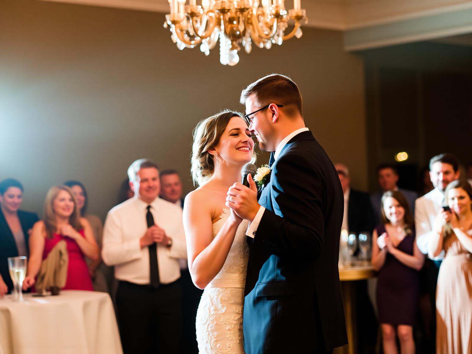 Couple sharing a microphone moment